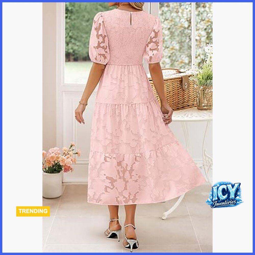 Polyester Floral Lace Smocked Maxi Dress with Puff Sleeves - Picture 4 of 7